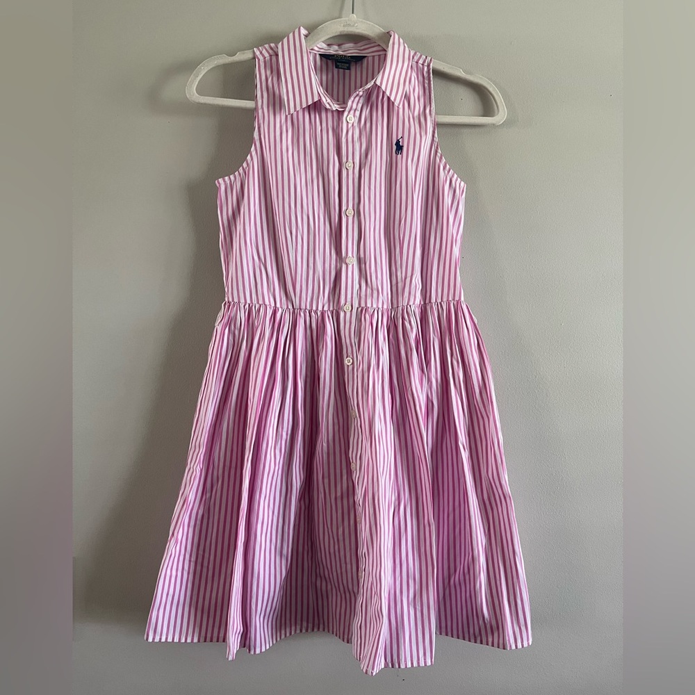 Polo Ralph Lauren Girls 14 Pink White Stripe Cotton Sleeveless Dress